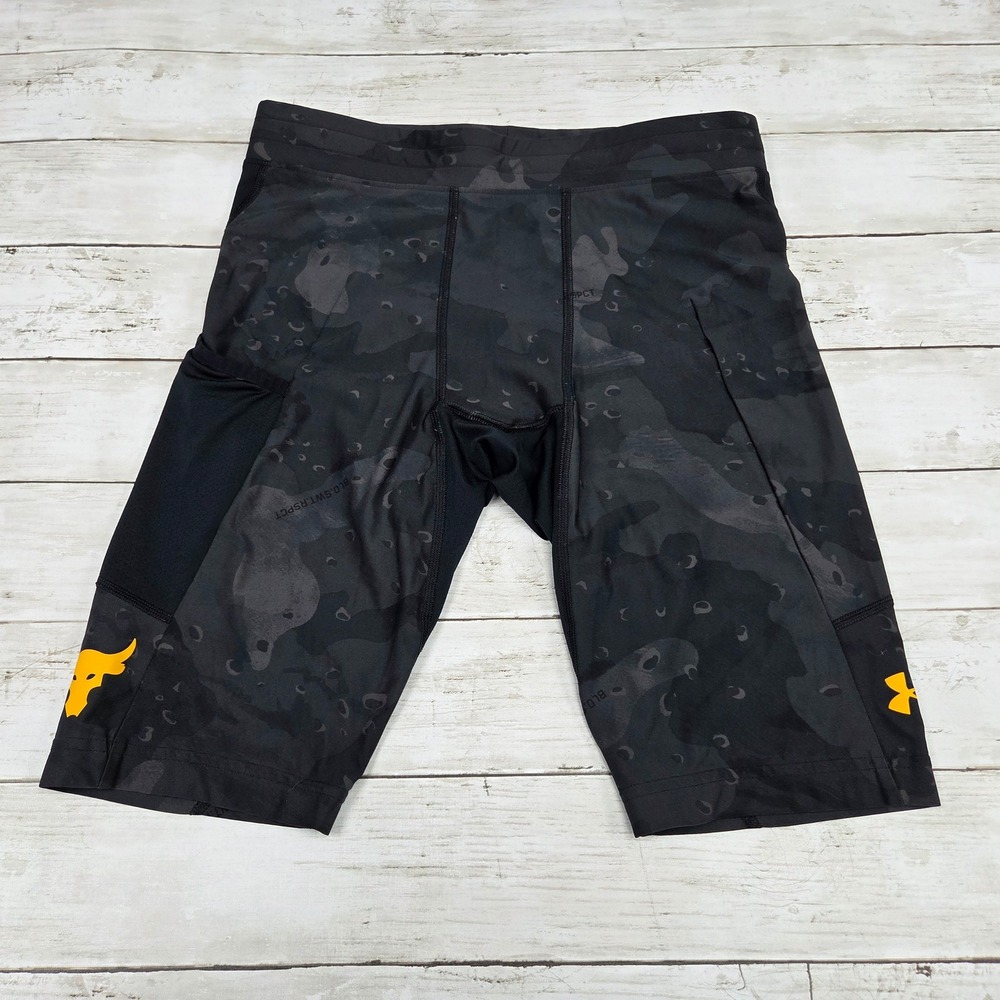 Under Armour Project Rock Camo Compression Shorts Mens Large Black Orange Logo